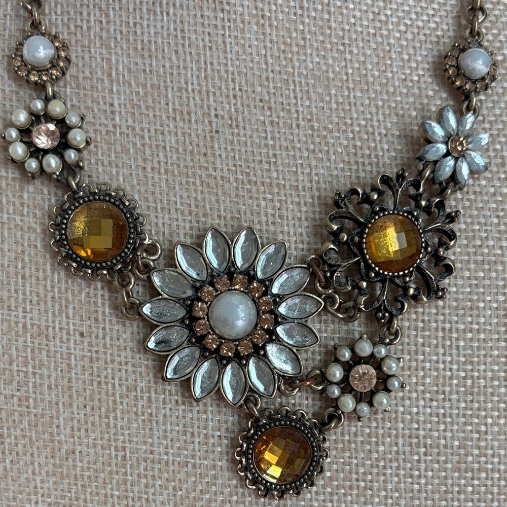 Vintage Gold Floral Statement Necklace with White and Amber Accents